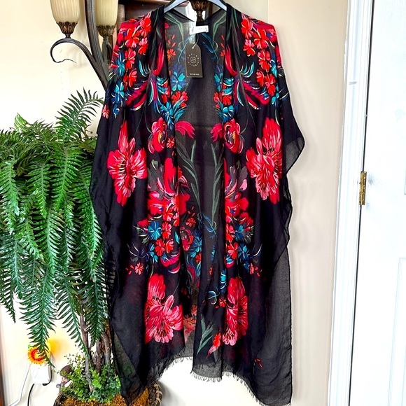 Brand New Janice Apparel Black & Red Floral Kimono Duster Swim Cover Up - Picture 1 of 13